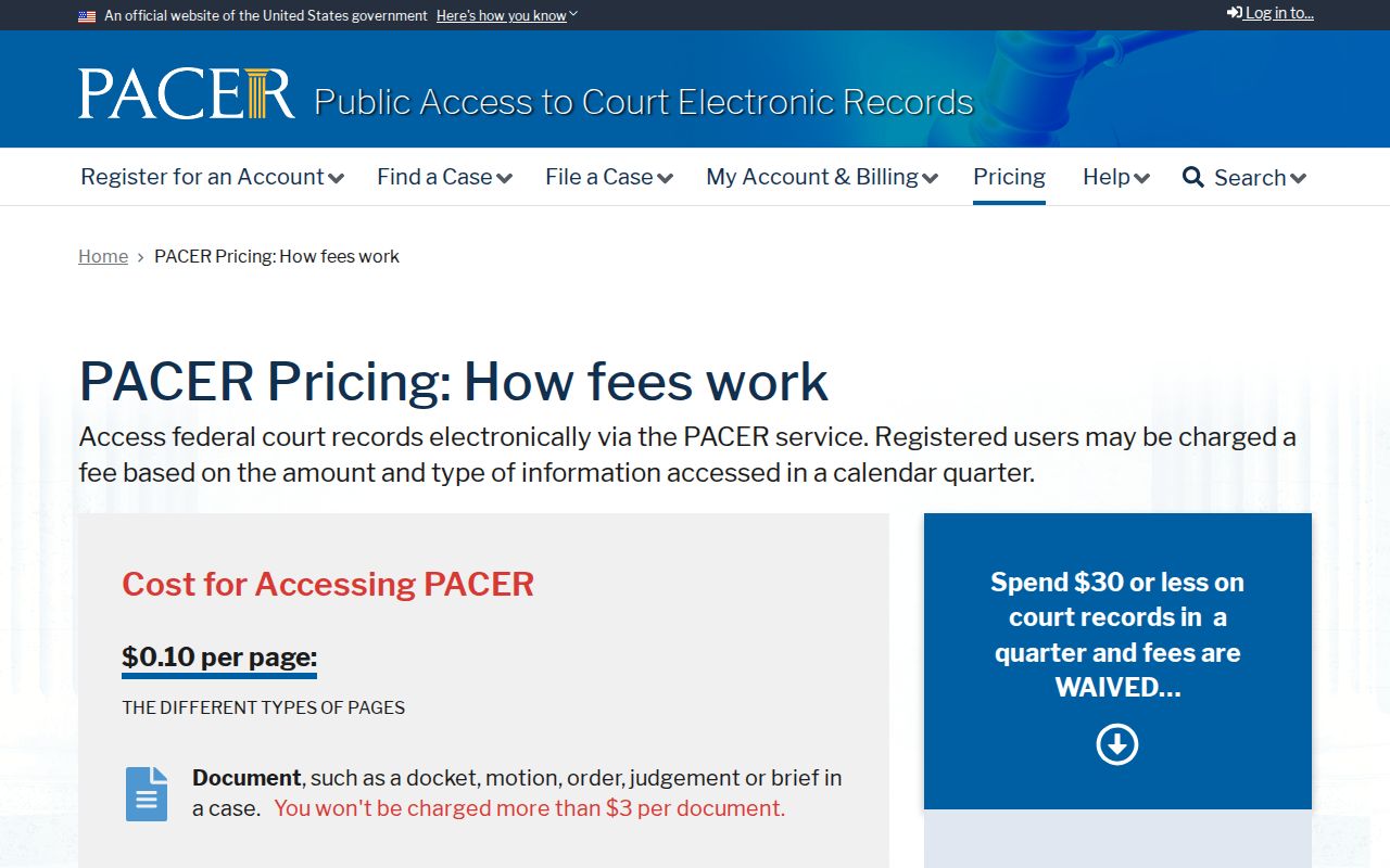 East Baton Rouge Parish docket search federal PACER fee guidance