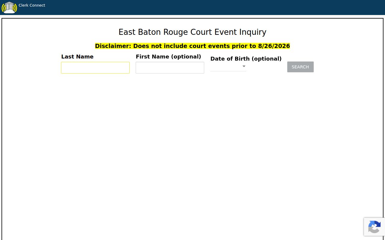 East Baton Rouge Parish court schedule ClerkConnect court event inquiry screen