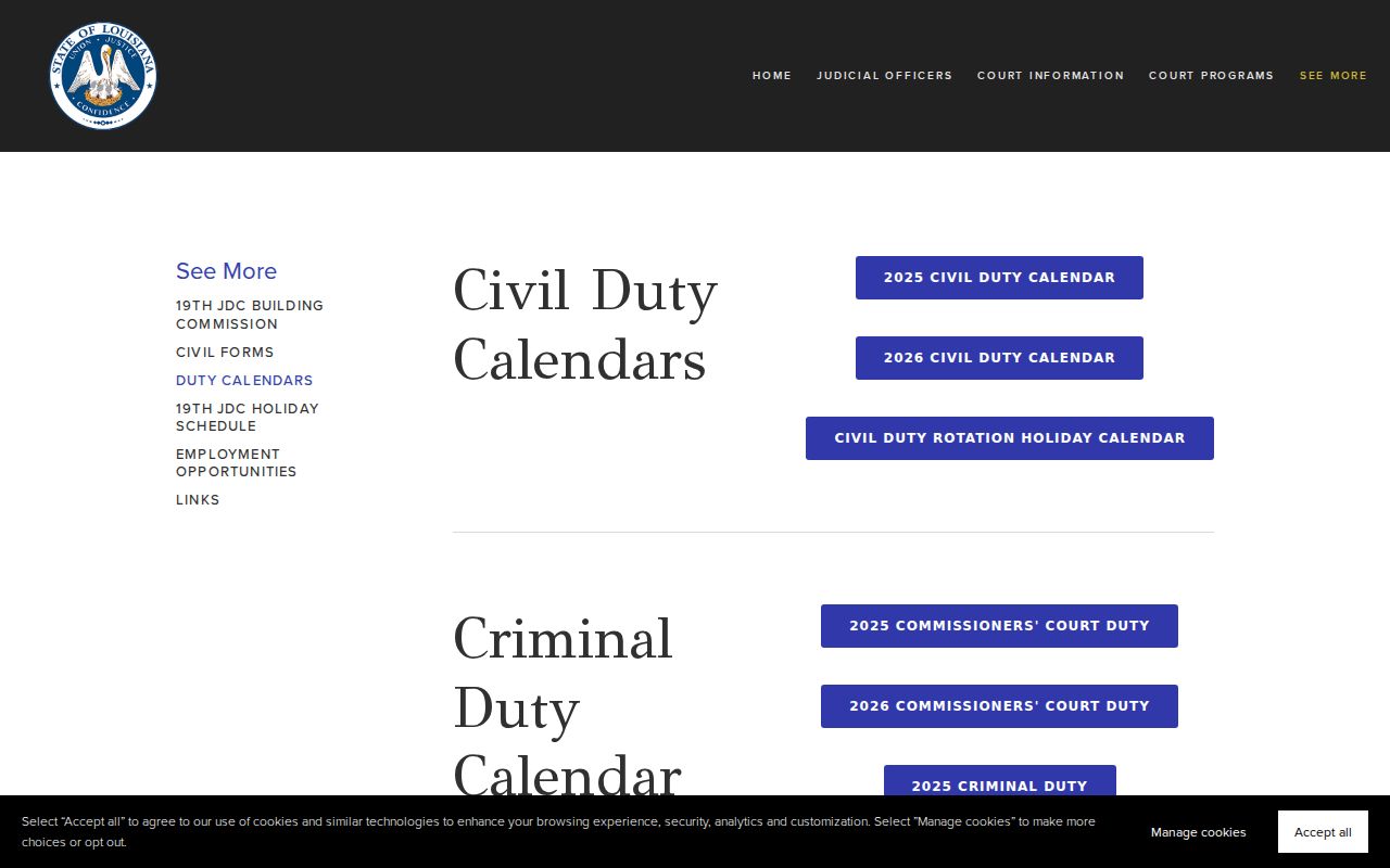 East Baton Rouge Parish court schedule duty calendar links