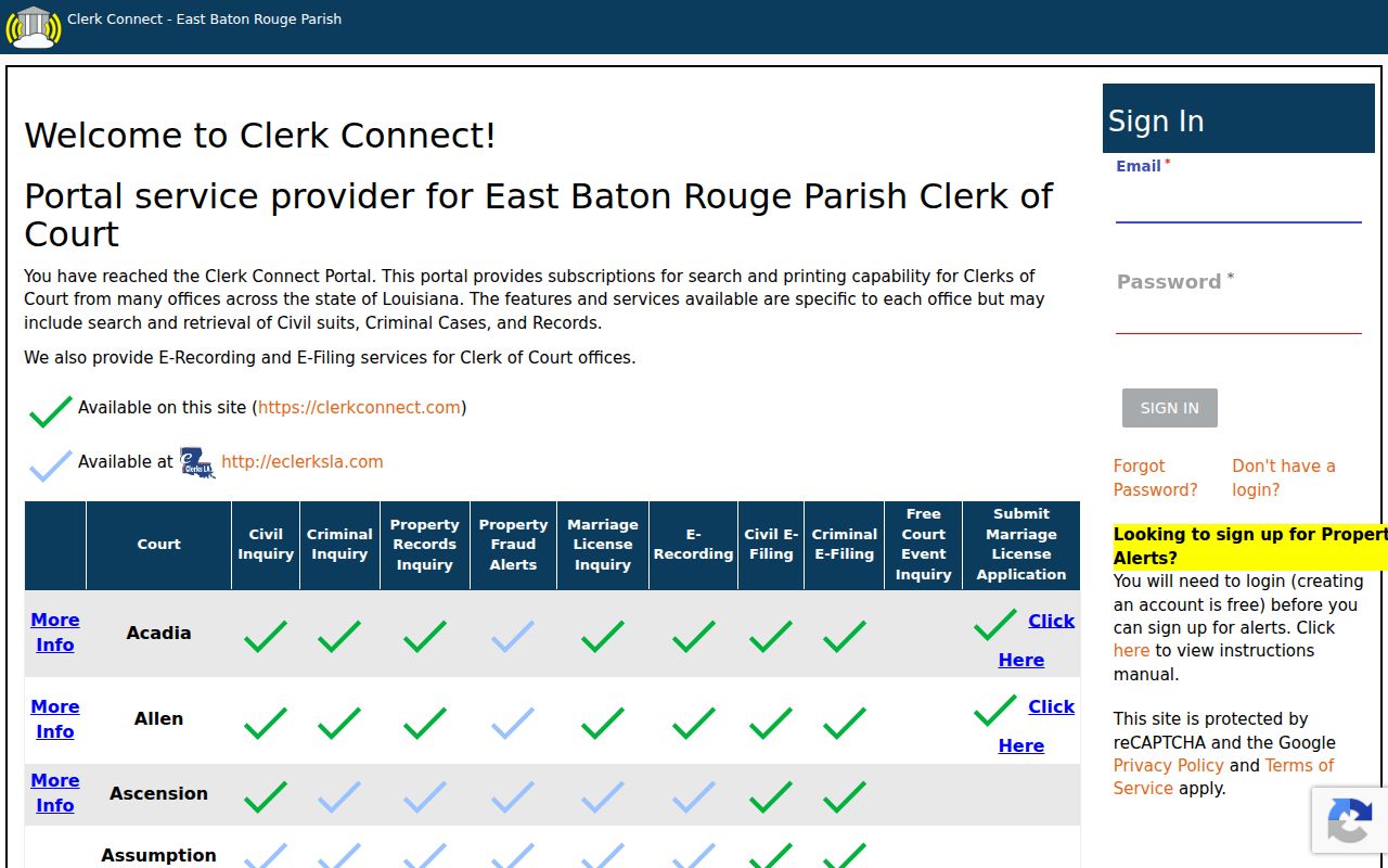 East Baton Rouge Parish criminal docket ClerkConnect login screen