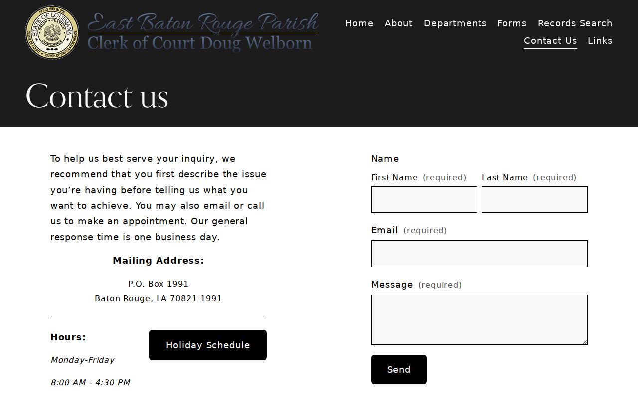 East Baton Rouge Parish court docket clerk counter contacts and records departments