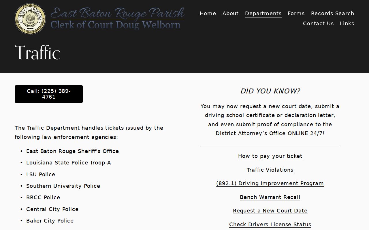 East Baton Rouge Parish traffic court records clerk traffic department page